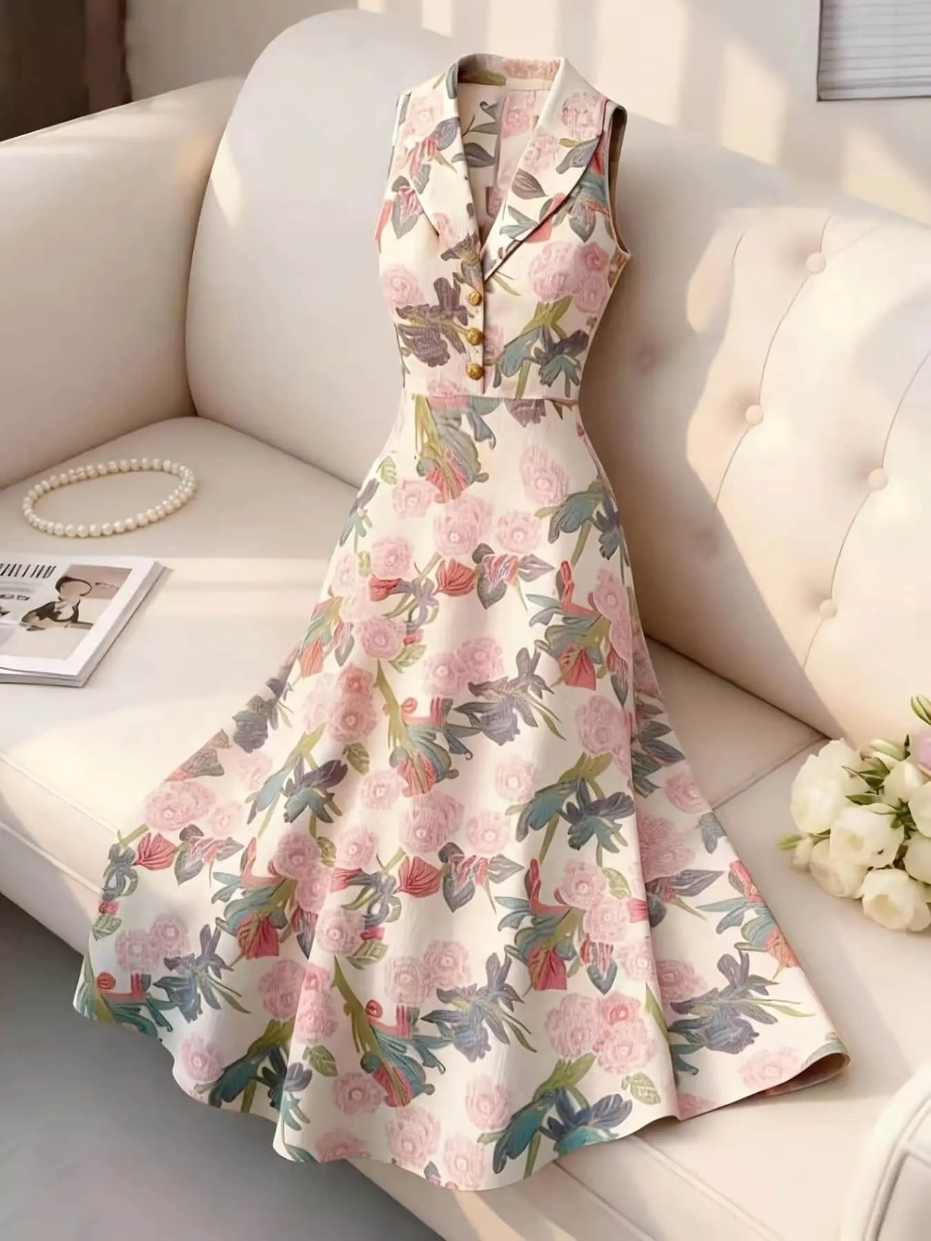 A fashionable women's French retro bohemian floral printed lapel and waist cinching sleeveless mid length dress, suitable for summer and beach vacations, gathering with friends, checking in at popular online stores, Boho Floral Dress