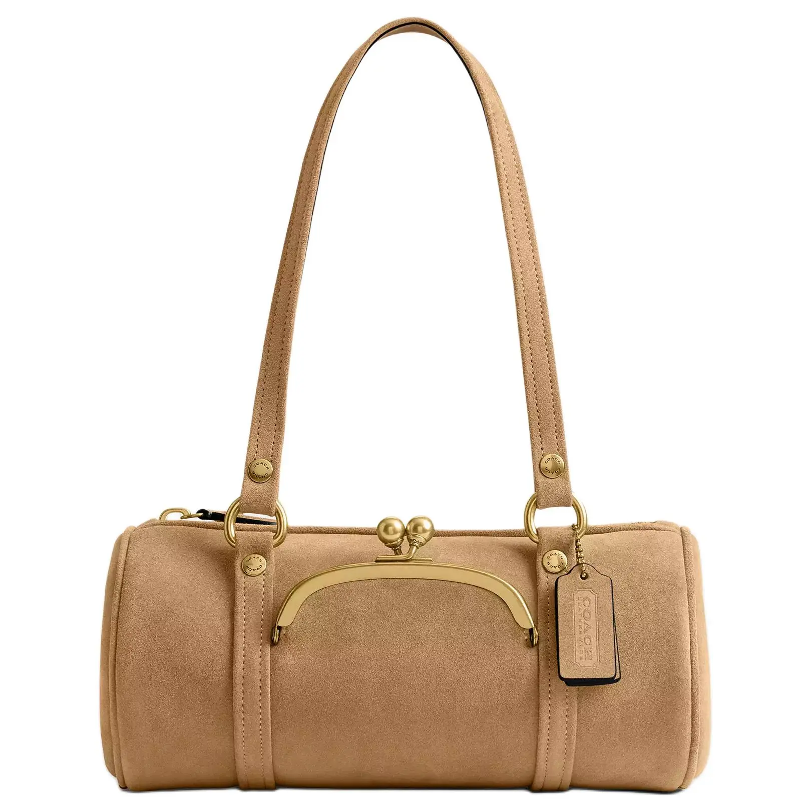 COACH Kisslock 28 Round Zip Crossbody Bag for Women, Suede and Leather Blend, Large Size, Khaki