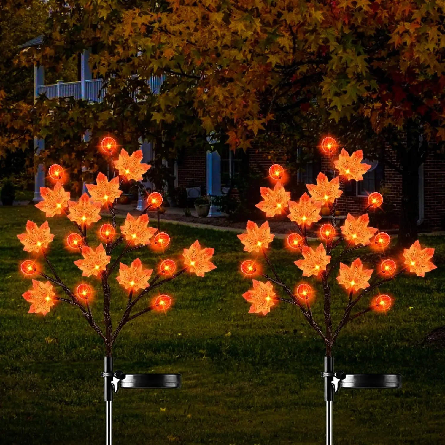 2 Pack Fall Decor Thanksgiving Decorations Lights Solar Lights Outdoor with 3D Maple Pumpkin, 8 Modes Fall Thanksgiving Lights Outdoor Solar Lights Waterproof for Yard Decor