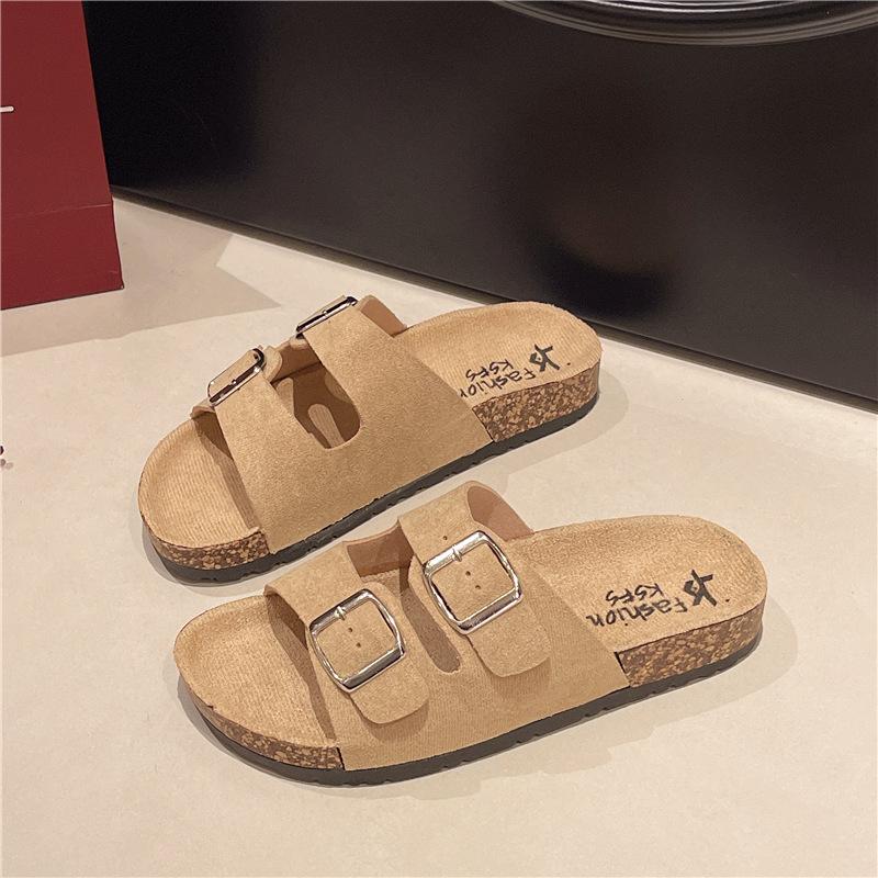 2026 foreign trade cross-border slippers women's large size slippers casual beach double buckle cork slippers factory spot