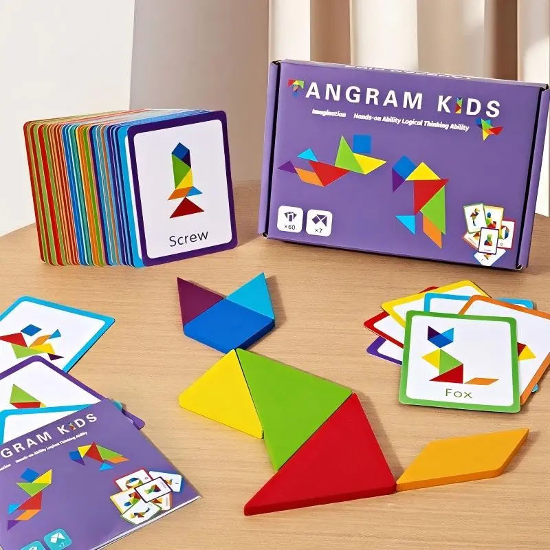Fun Tangram Puzzle, Wooden Puzzles, over 100 Creative Patterns, Includes 50+ Double-Sided Cards, Enhances Creativity and Observation Skills, Ideal for Kids