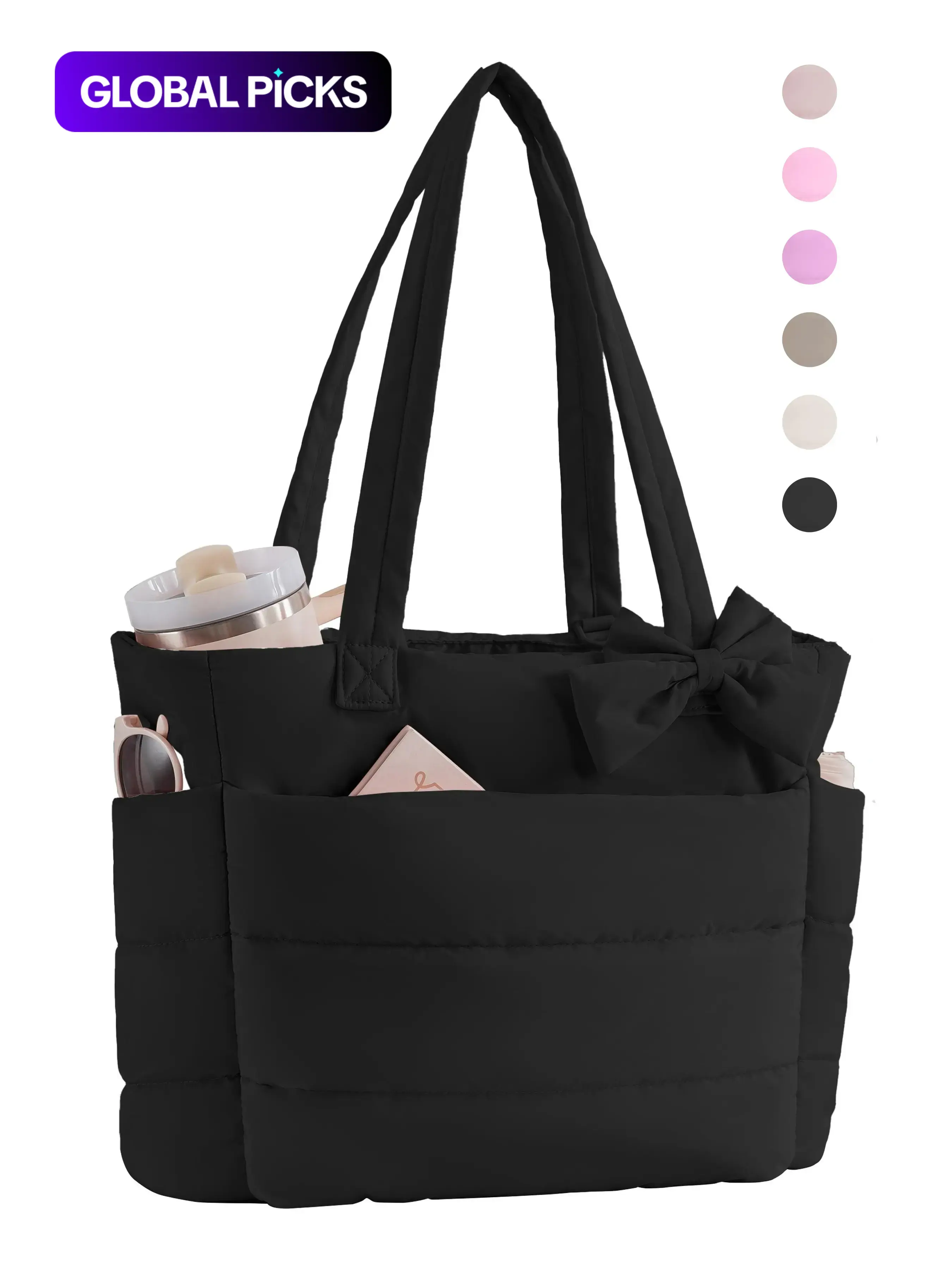 Tote Bag for Women, Quilted Bow Tote Bag, Lightweight Puffy Tote Bag with Compartments Shoulder Bag Handbag for Gym, Lightweight, Puffy, Quilted, for Travel, Work, Valentine's Day, Christmas and Thanksgiving Day gifts #GLOBAL PICKS