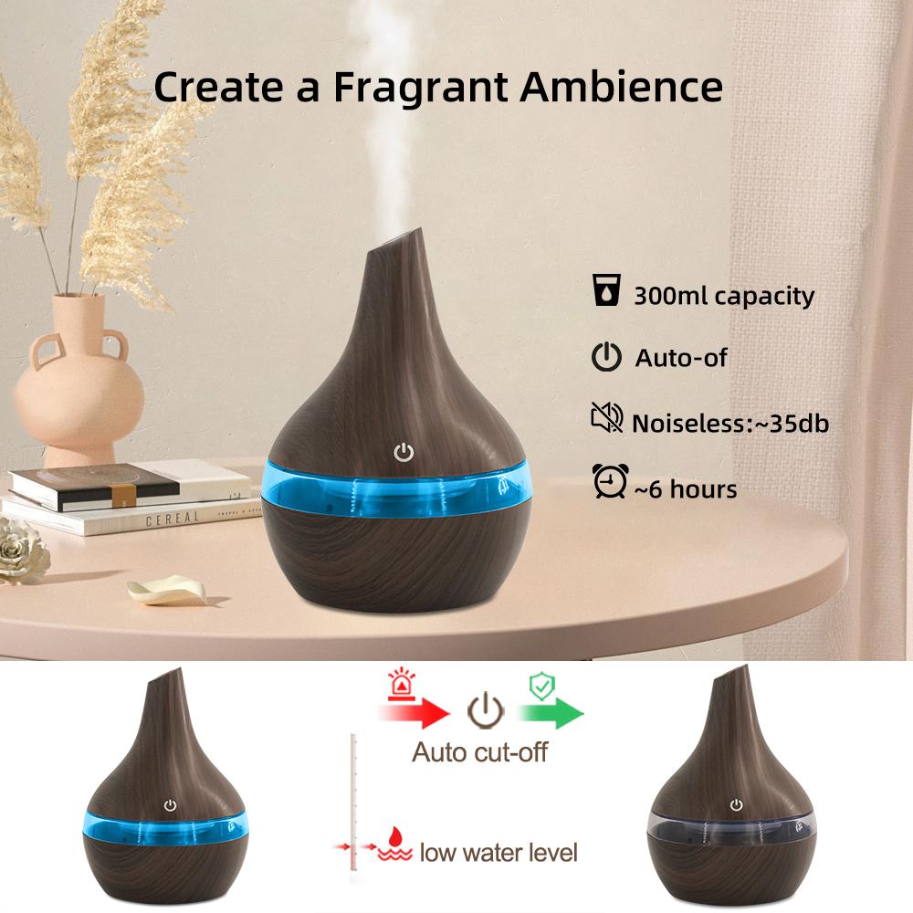 300ml Aromatherapy Essential Oil Diffuser Humidifier Ultra Quiet, USB Operated with 7 Color Changing LED Night Light Lamp, Auto Shut Off for Home Office Bedroom Yoga Meditation Room Gift