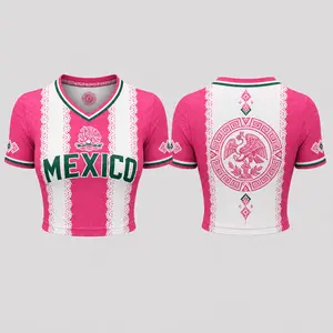 Mexico Women Cropped Jersey Pink Green White Soccer Fan Shirt Unisex Streetwear Athletic Style Football Fan Tee Eagle Flag Graphic Mexico National Pride Jersey Top Cinco de Mayo Outfit Summer Festival Casual Sports Fashion Crop Jersey Gift