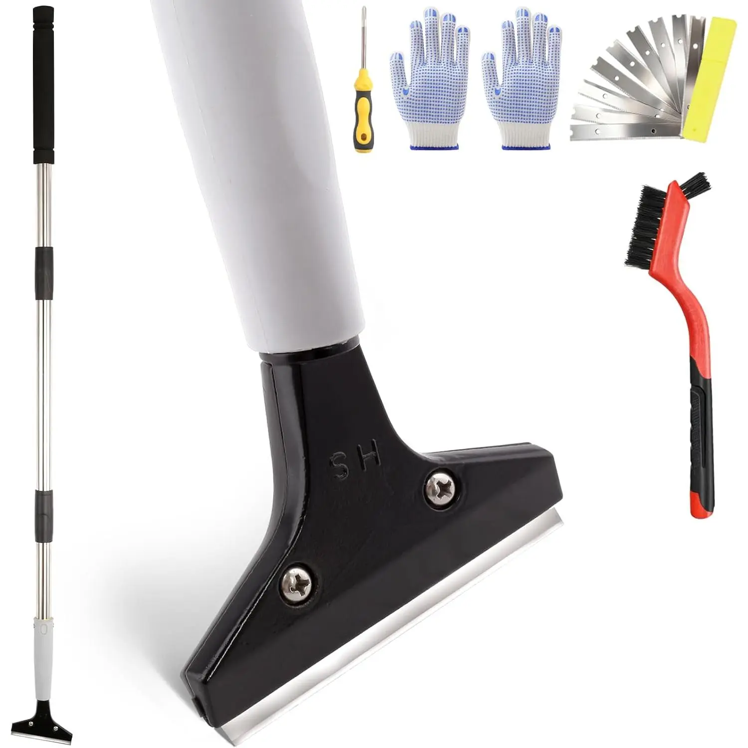 Floor Scraper Heavy Duty Long Handle,61in 4"Razor  Floor Scraper Adjustable with 10 count Extra Metal   Scraper for Cleaning Stickers  Glass Wall Tile Linoleum Stove Top