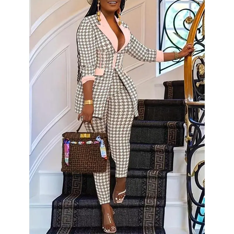 Two-Piece Set Women's Houndstooth Print Blazer & Skinny Pants Elegant Fashion Casual Comfy for Daily Outdoor Wear Ladies Clothes for All Seasons