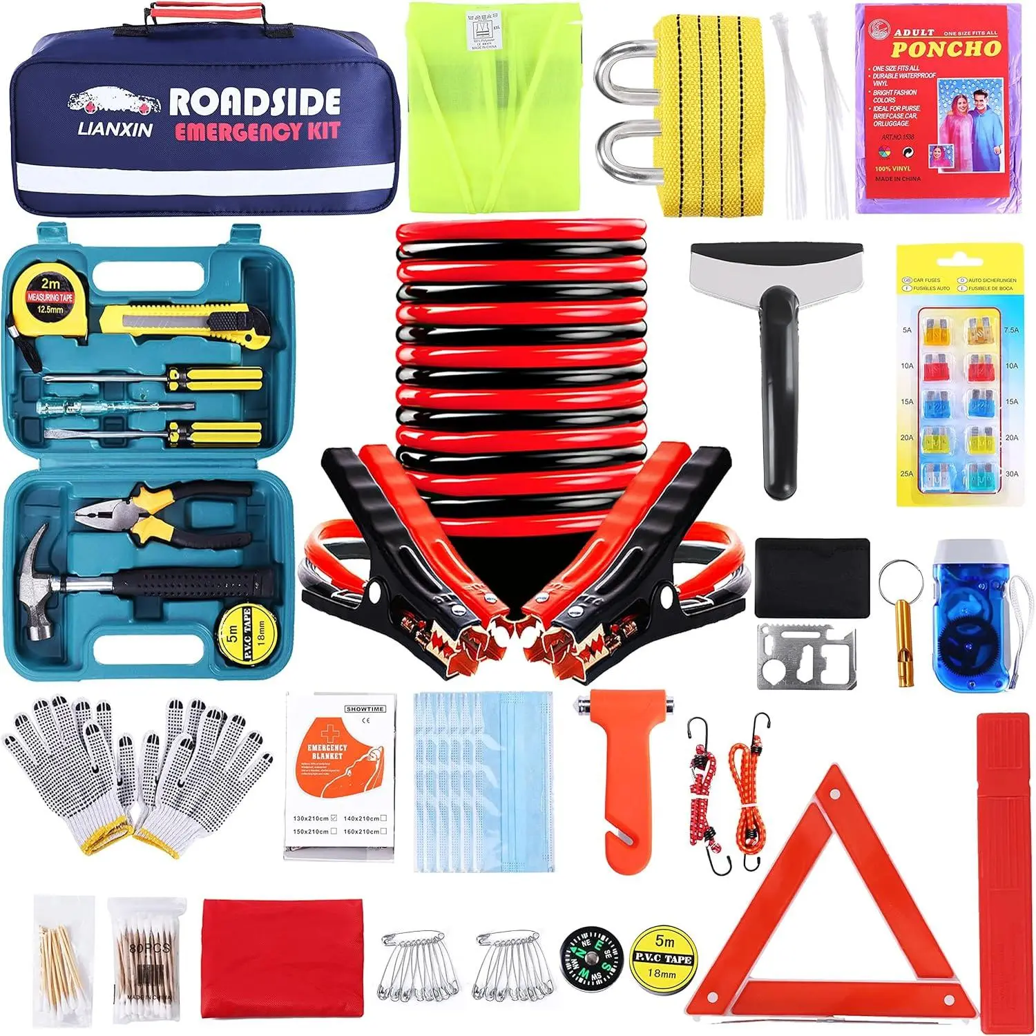 142 PCS Emergency Roadside Kit for Car ,Safety Car Kit with Jumper Cables| Roadside Assistance Emergency Kit Warning, Safety, Tow Rope, Car Emergency Kit Gifts for New