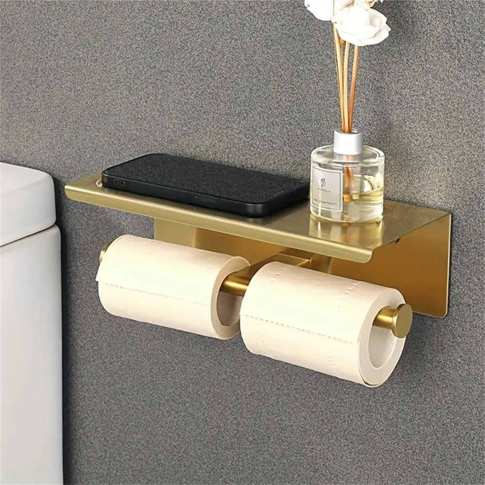 Stainless Steel Bathroom Twin Roll Paper Holder, Toilet Tissue Holder, Wall-Mounted with Shelf, Ideal for Toilet, Durable and Space-Saving Design