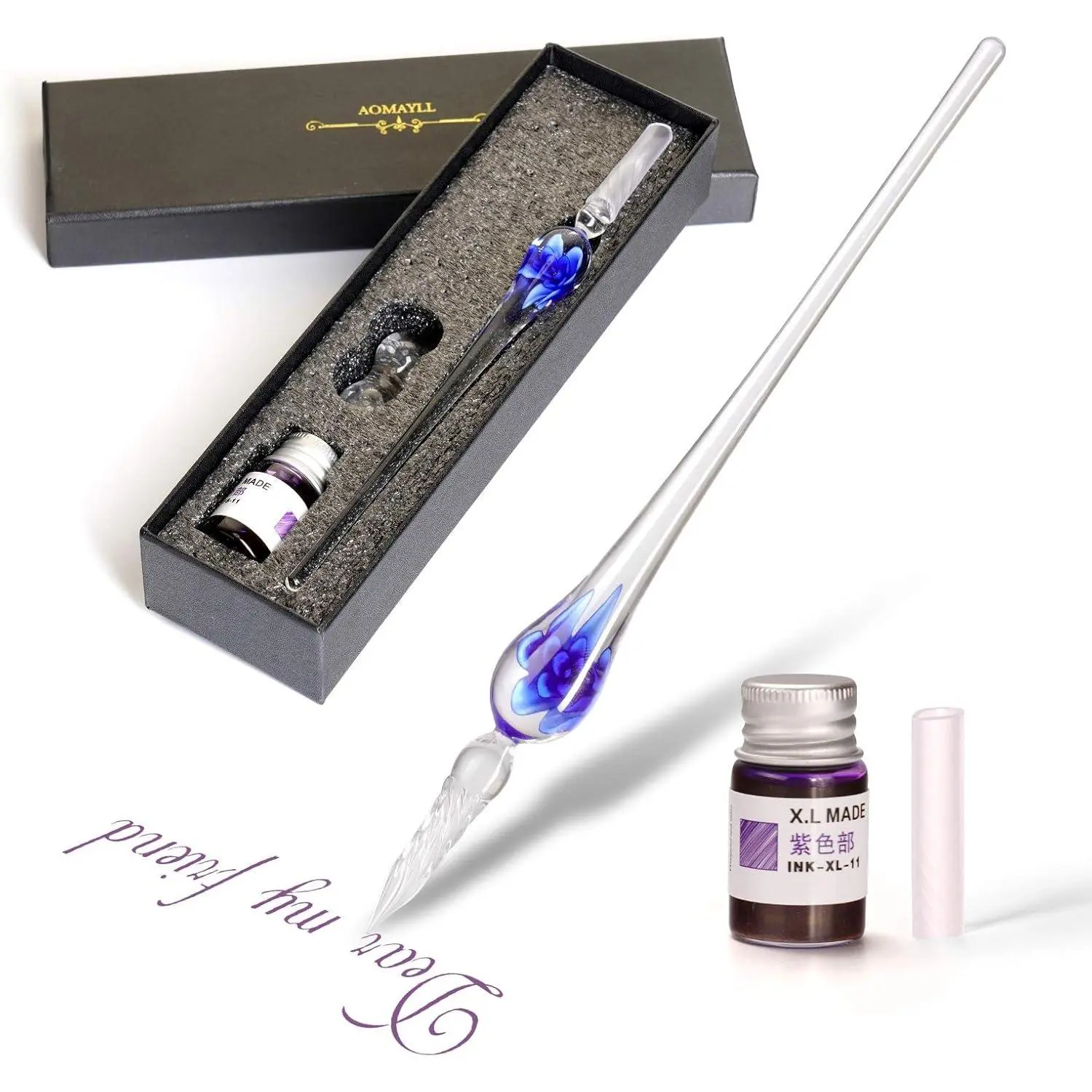 glass ink pen,Glass Dip Pen Set -Calligraphy Pen Signature Pen Writting ,Christmas Gifts Business Gifts Holiday  (Blue flower)