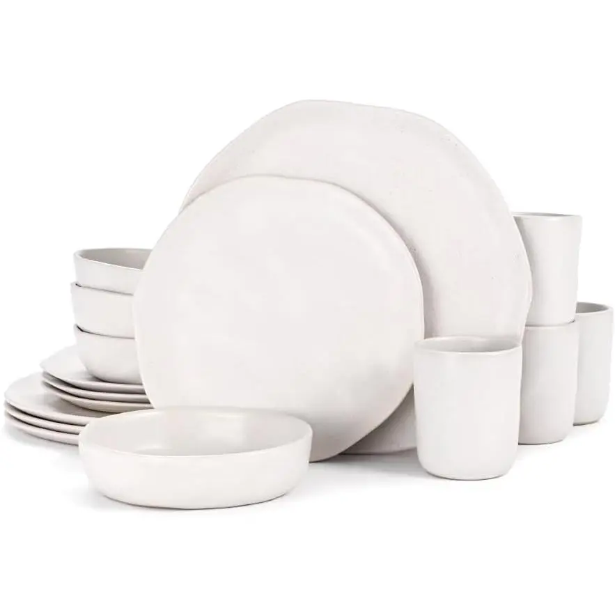 Plates and Bowls Sets for 4, 16 count Modern Stoneware Dinnerware Sets, Highly Chip Scratch Resistant, Microwave & Dishwasher Safe, Irregular Dish Set for Kitchen , Speckled White