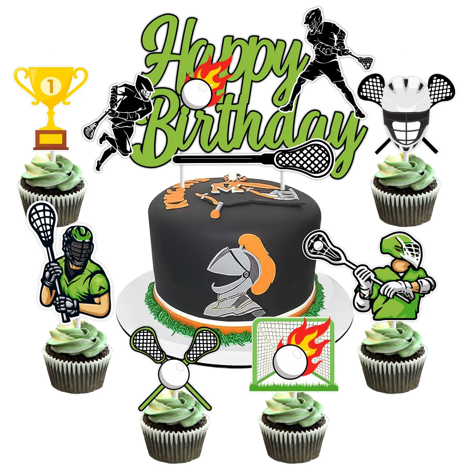 1Set Lacrosse Cake Cupcake Toppers for Boys Green Lacrosse Birthday Party Decorations Happy Birthday Cake Cupcake Topper for Boy Sport Theme Birthday Party