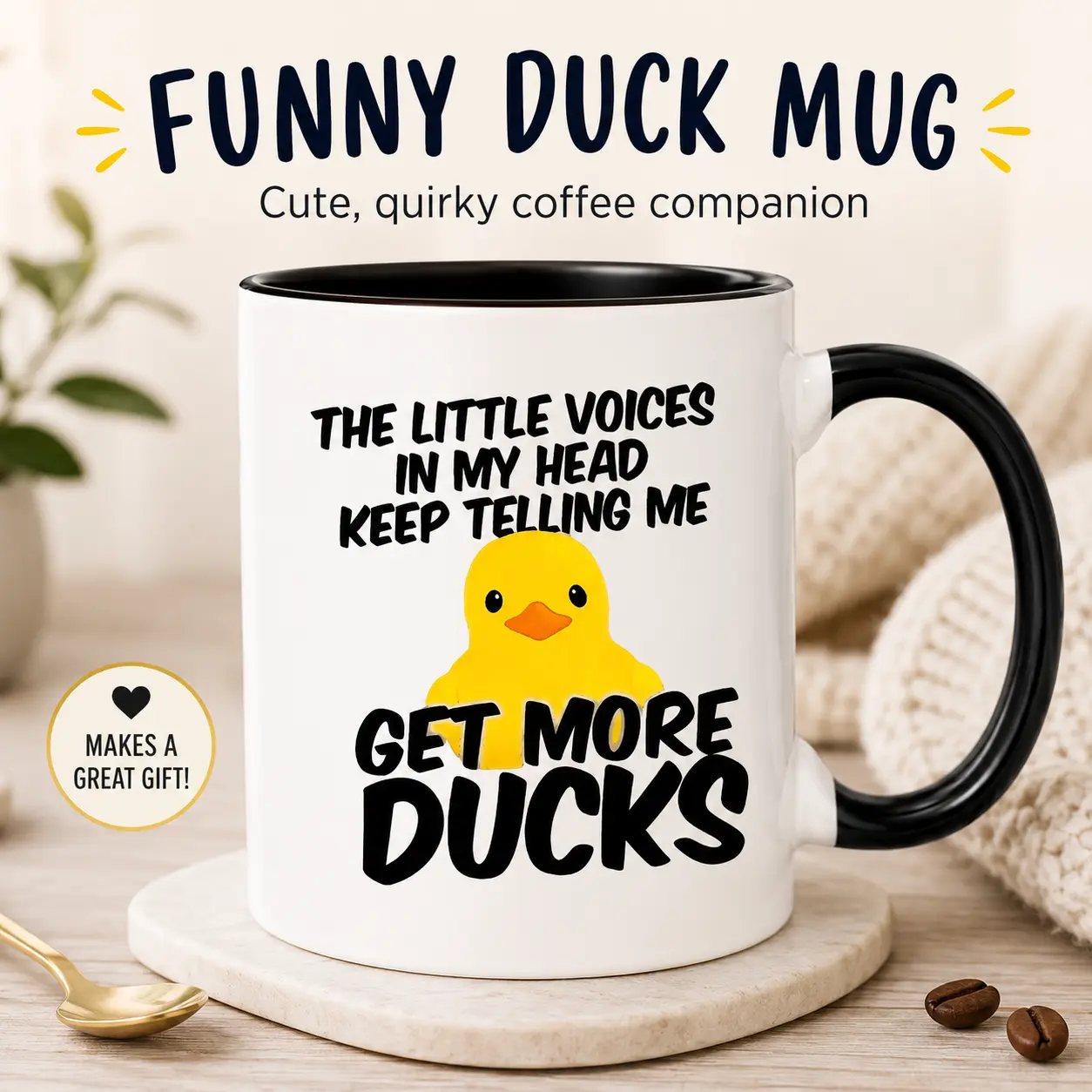 Funny Duck Mug 11oz, Cute Duck Ceramic Coffee Mug with "The Little Voices in My Head Keep Telling Me Get More Ducks" Quote, Novelty Coffee Cup Gift for Duck Lovers, Friends, Coworkers, Microwave & Dishwasher Safe