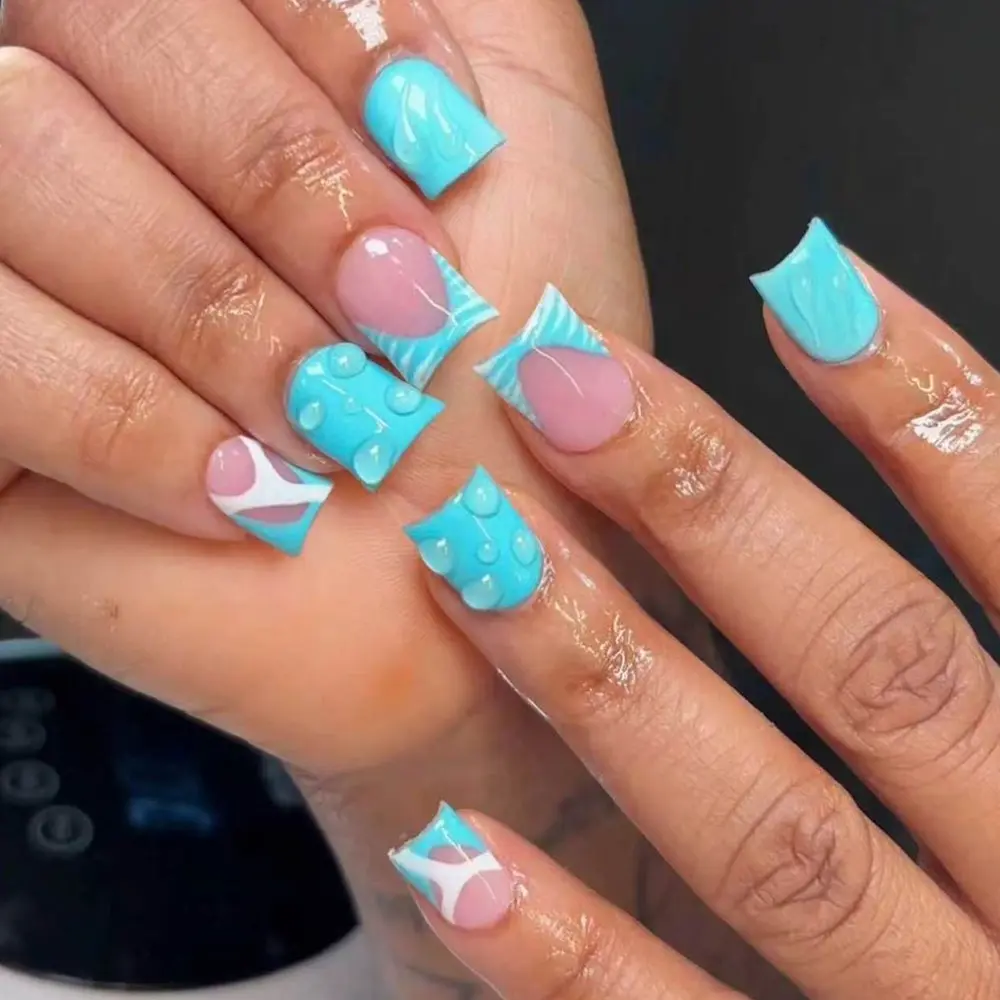 24pcs Y2K Short Square Blue French Press-On Nails, Leopard & 3D Gel Drop Design, Spring Summer Nail Art Set, DIY Nails, Perfect Fit False Nails