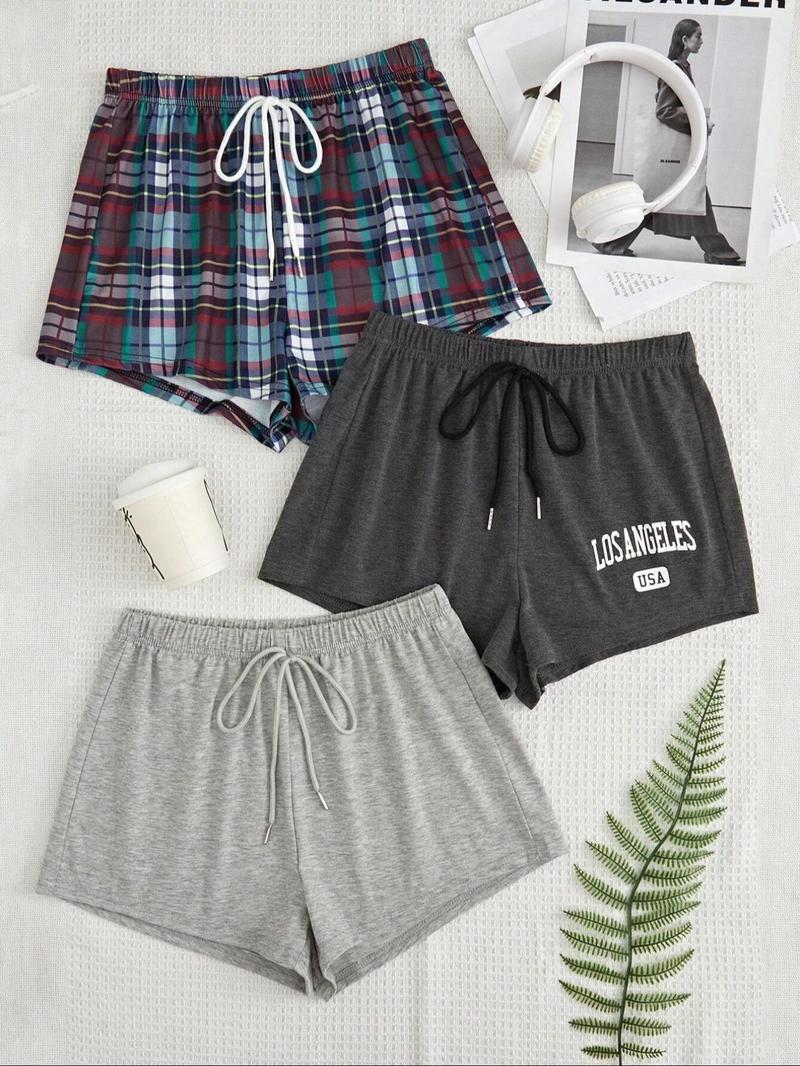 Women's 3pcs Elastic Waist Sleep Shorts, Casual Comfy Pajama Drawstring Waist Sleeping Shorts for Daily Indoor Wear, Women's PJ Bottoms for All Seasons, Summer Outfits 2024