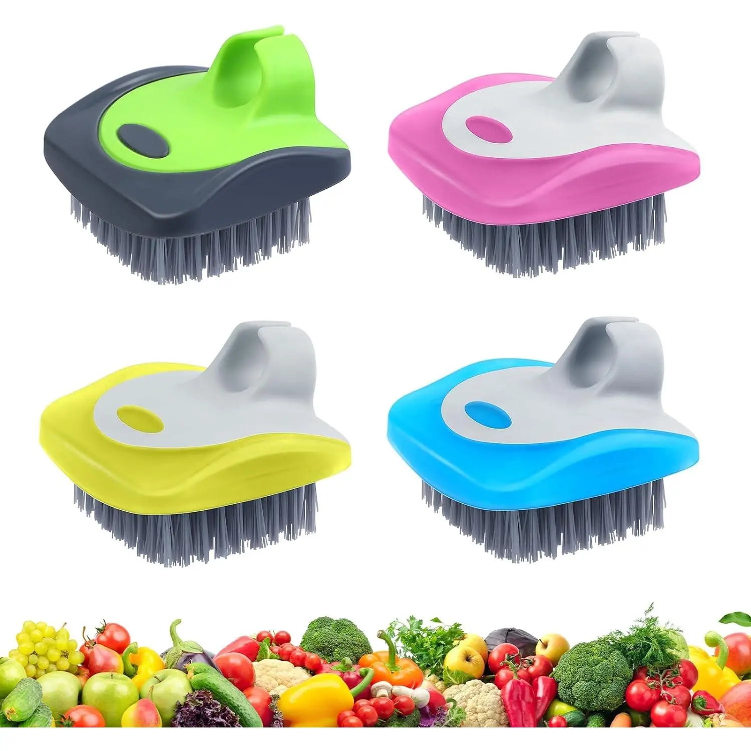 Aodaer 4-Piece Kitchen Vegetable & Fruit Scrubber Brush Set, Silicone Hard-Soft Side Cleaning Tools for Delicate or Tough-Skinned Produce