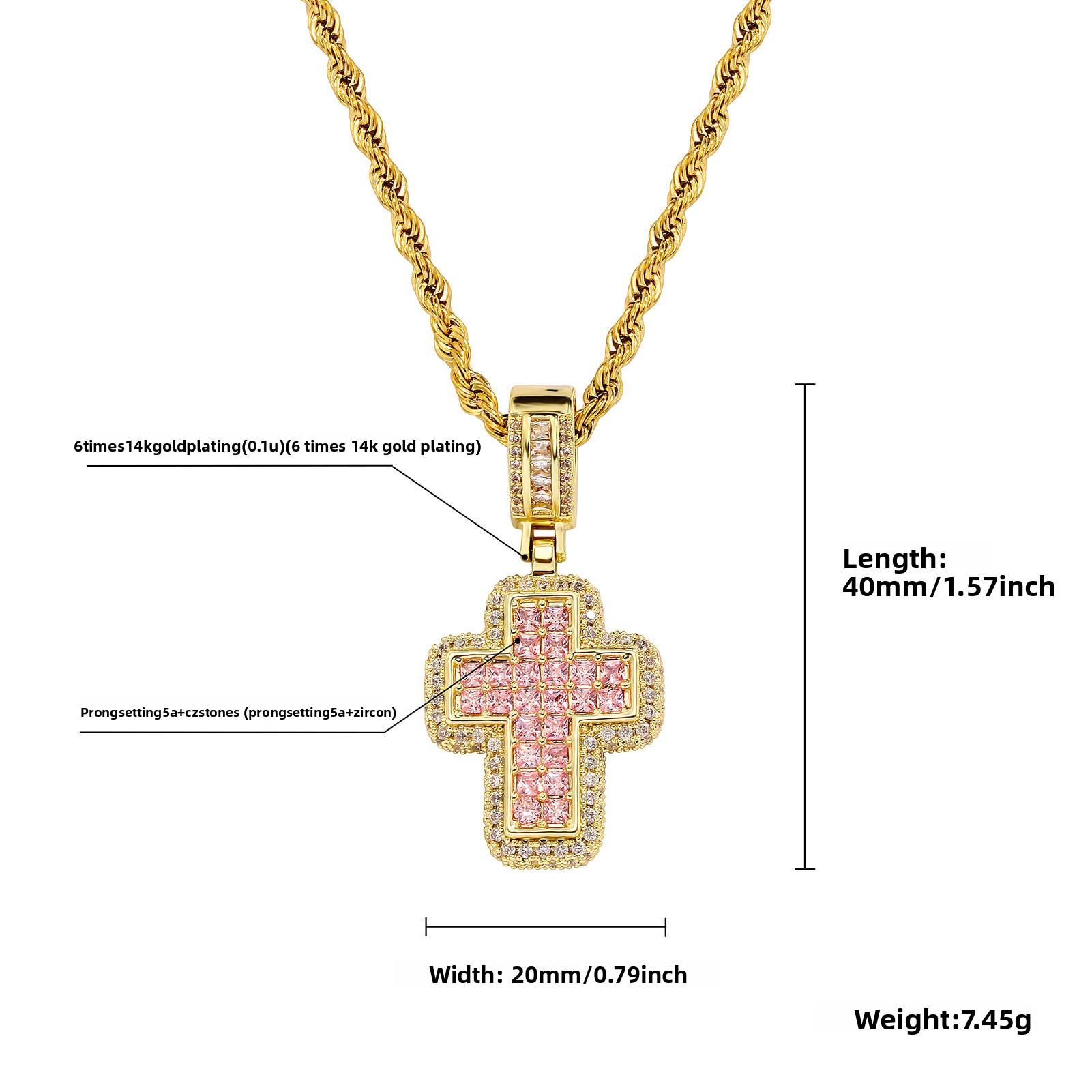 Hip-Hop Fashion T-Shaped Zircon Pink Cross Necklace, Unique European And American Street Style Accessory