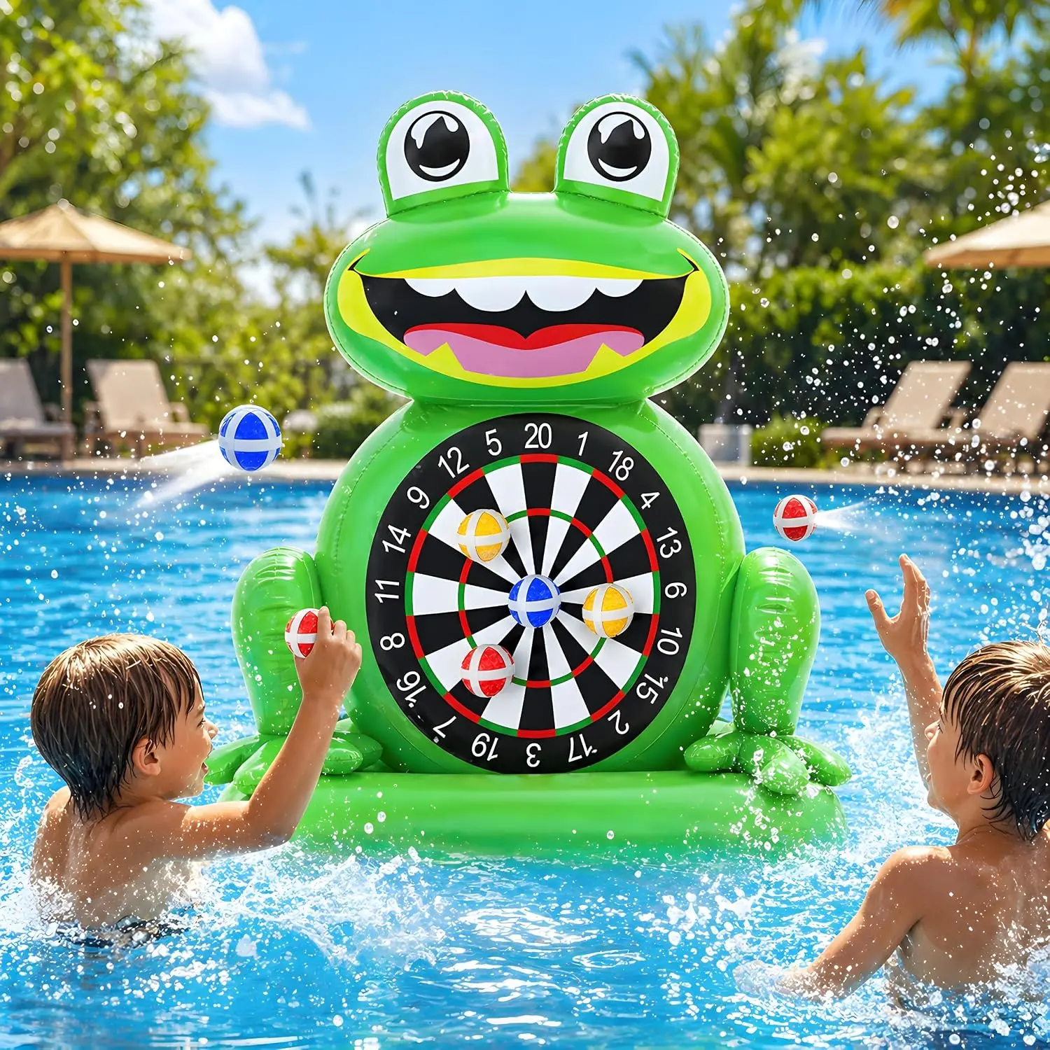 Kids Fun Pool Toys, Inflatable Frog Dart Board Water Games, Swimming Pool Floats with Sticky Balls - Summer Party Birthday Gift for Boys Girls Teen Adult Ages 3-12 Years