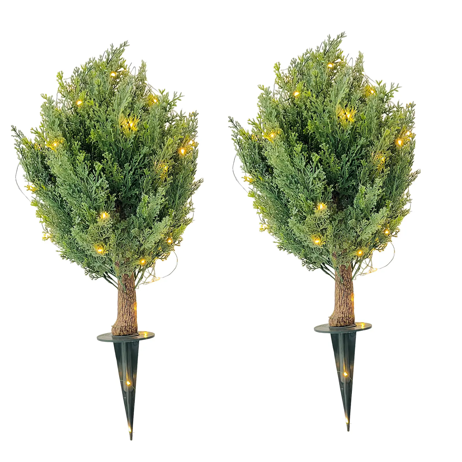 2 Pack 24" Artificial Pine Shrubs with Lights - Outdoor Cypress Shrub Ball Trees for Porch, Garden, Patio & Christmas Decor - Realistic Fake Plants with Ground Stakes
