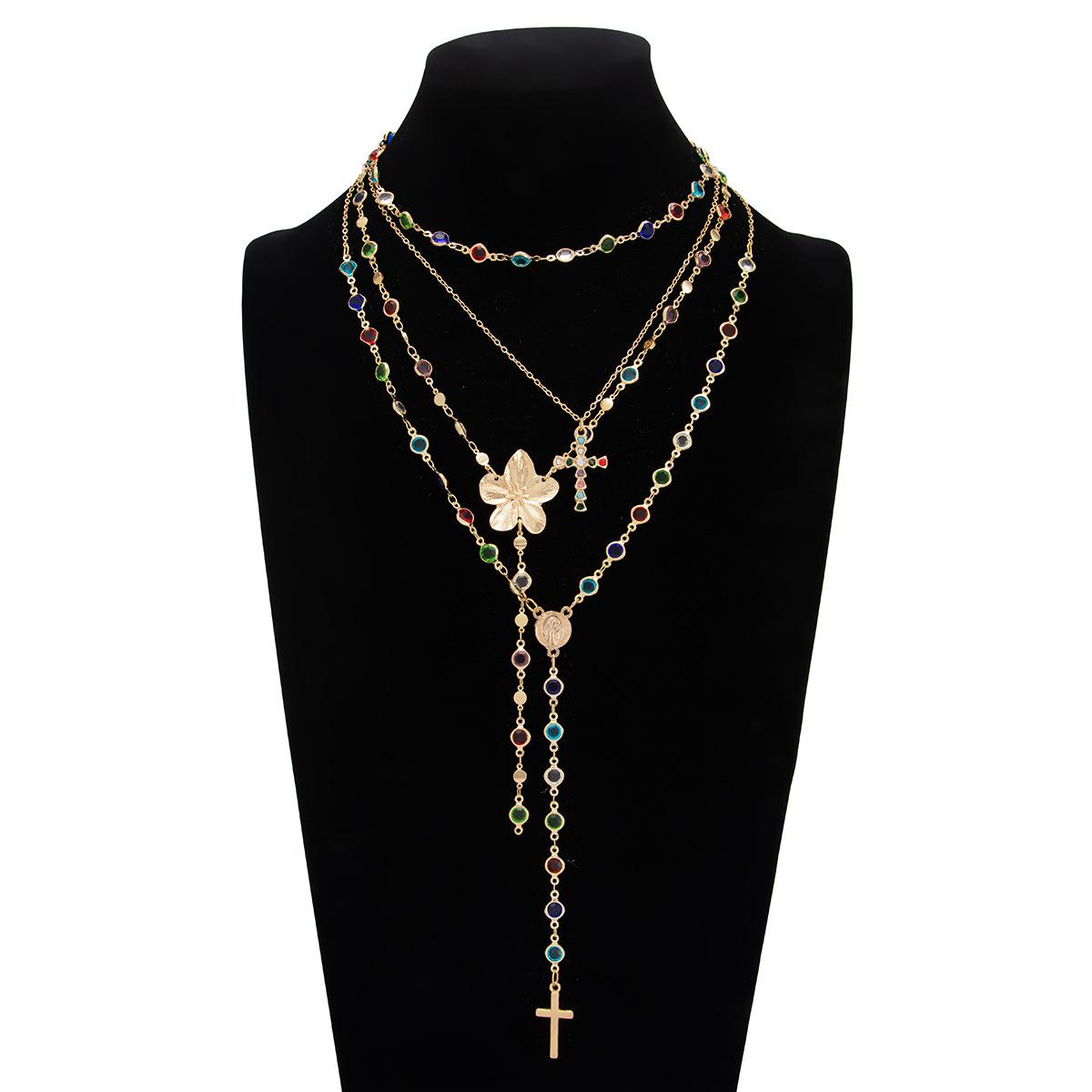 Creative Colorful Y-Shaped Multi-Layer Crystal Necklace – Sweet Style Metal Flower Choker