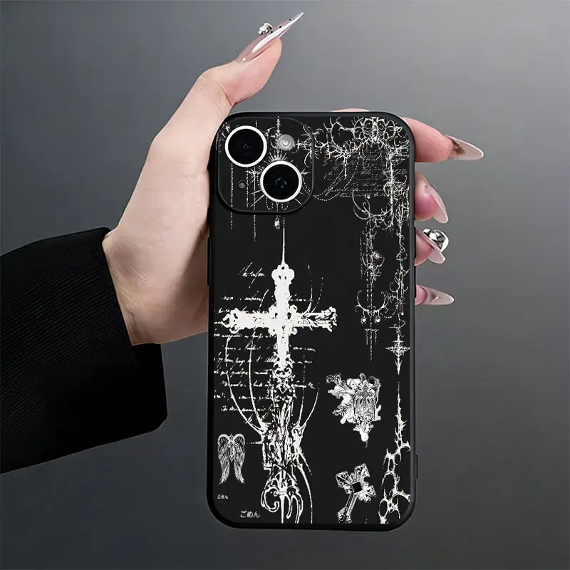 Black Background Gothic White Cross Wing Ornate Line Phone Case,Dark Grunge Vintage Christian Scroll Script Tattoo Pattern Style for iPhone 17 16 15 14 13 12 11 Pro Max,Edgy Gothic Religious Aesthetic Gift