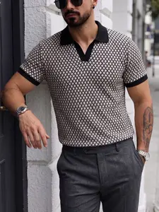Men's Hollow Out Rhombus Knit Polo Shirt, Contrast Neck Short Sleeve, Summer Slim Fit Breathable Casual Top