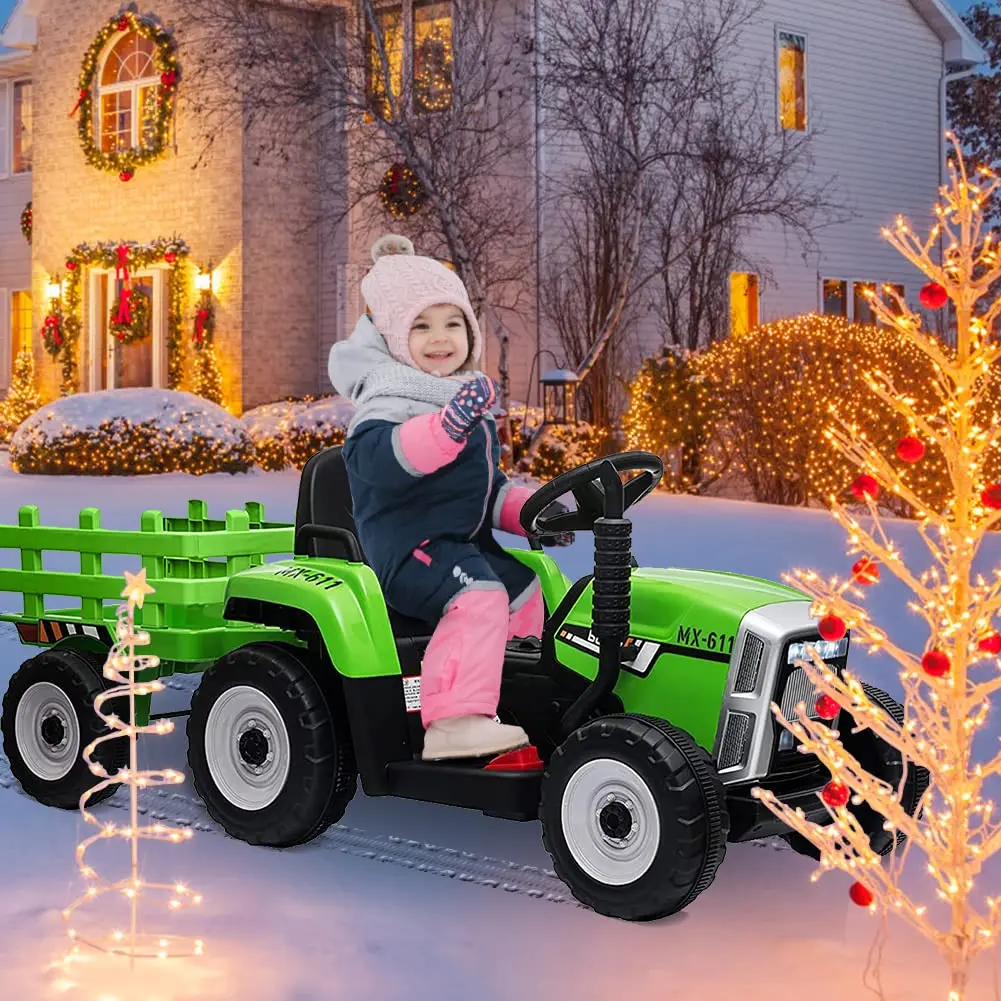 12V Kids Electric Ride-On Tractor with Removable Trailer – Remote Control, Music, LED Lights, USB, Wireless Connection – Toy Car for Boys & Girls Ages 3-8