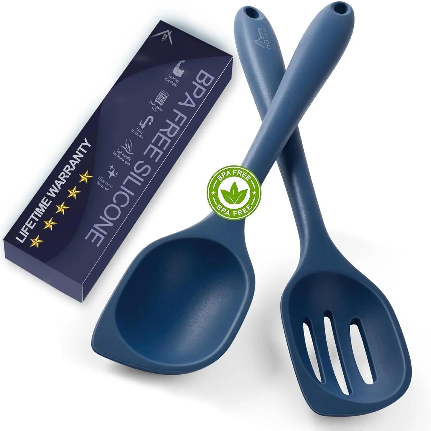 446°F Heat Resistant  Cooking Spoon Spatula,  Large Kitchen Solid and Slotted Spoons for Mixing, Serving, Scraping, Non-stick, Dishwasher Safe Classic Blue 12.5inch