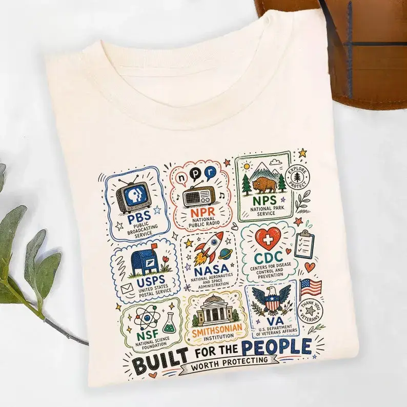 Lady's Casual Short-Sleeve Streetwear T-Shirt - Vintage Doodle, Protect Democratic Institutions, PBS NPR Liberal, 4th of July, National Parks USPS Anti-Fascism, Leftist Protest, Shortsleeve, Women