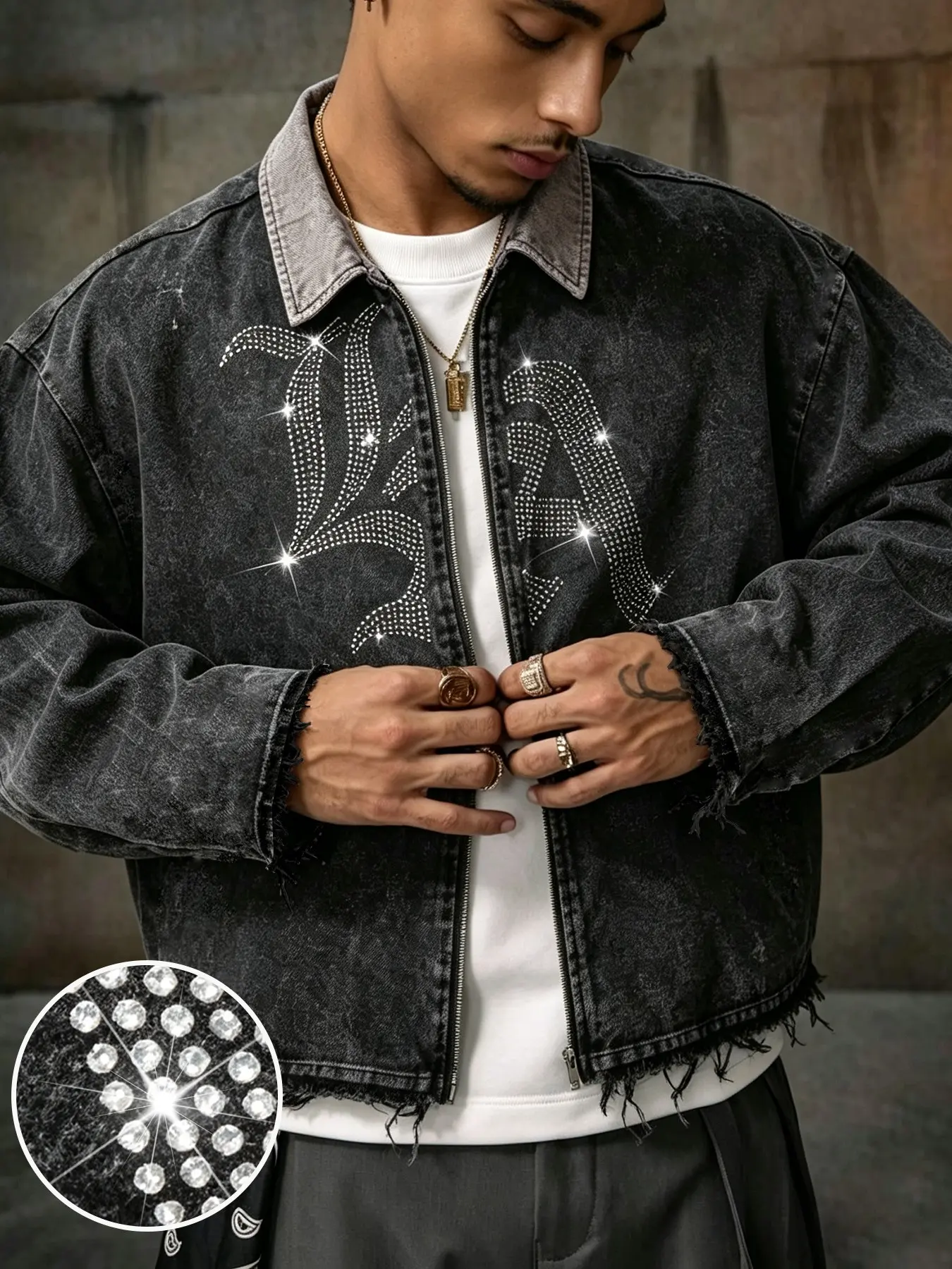 Men's Long Sleeve Street Style Collar Zipper Jacket, Distressed Washed Short Hem Denim Coat, La Letter Rhinestone, Perfect Gift