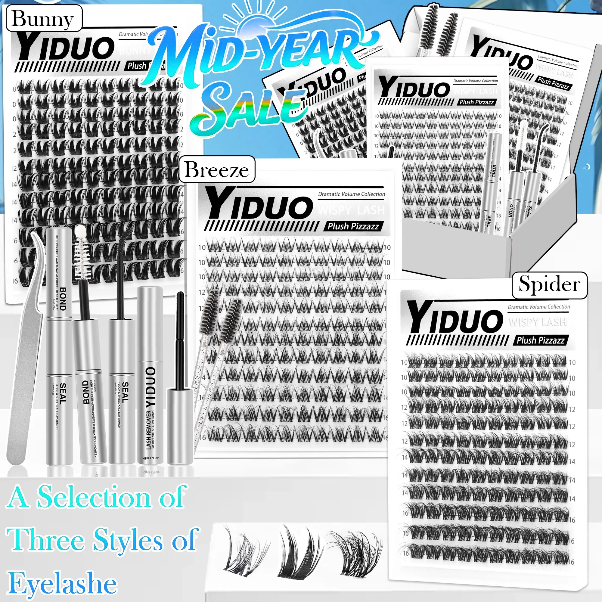 YIDUO Spider Lash Cluster Kit 3 Styles Bunny、Fine、Wispy Lash Clusters Kit,360Pcs D-Curl Lash Cluster Kit, Lash Extension Kit , 10–16 mm with Lash Bond and Seal, Tweezers, Remover and Eyelash Brush，Easy DIY at Home, Eyelash Extensions