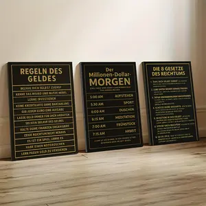 3-piece set, Money Rules, 0k Dollar Morning, Eight Rules of Wealth Wooden Framed Canvas Wall Art - German Style Inspirational and Financial Office, Study, Conference Room Decoration| Personality growth themed decoration| Wooden Frame Canvas Art