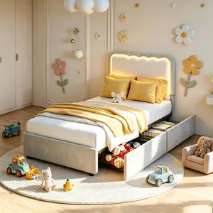 Twin Platform Bed with LED Lights, Upholstered Wave Design, 2 Storage Drawers, No Box Spring Needed, MDF & Fabric Frame