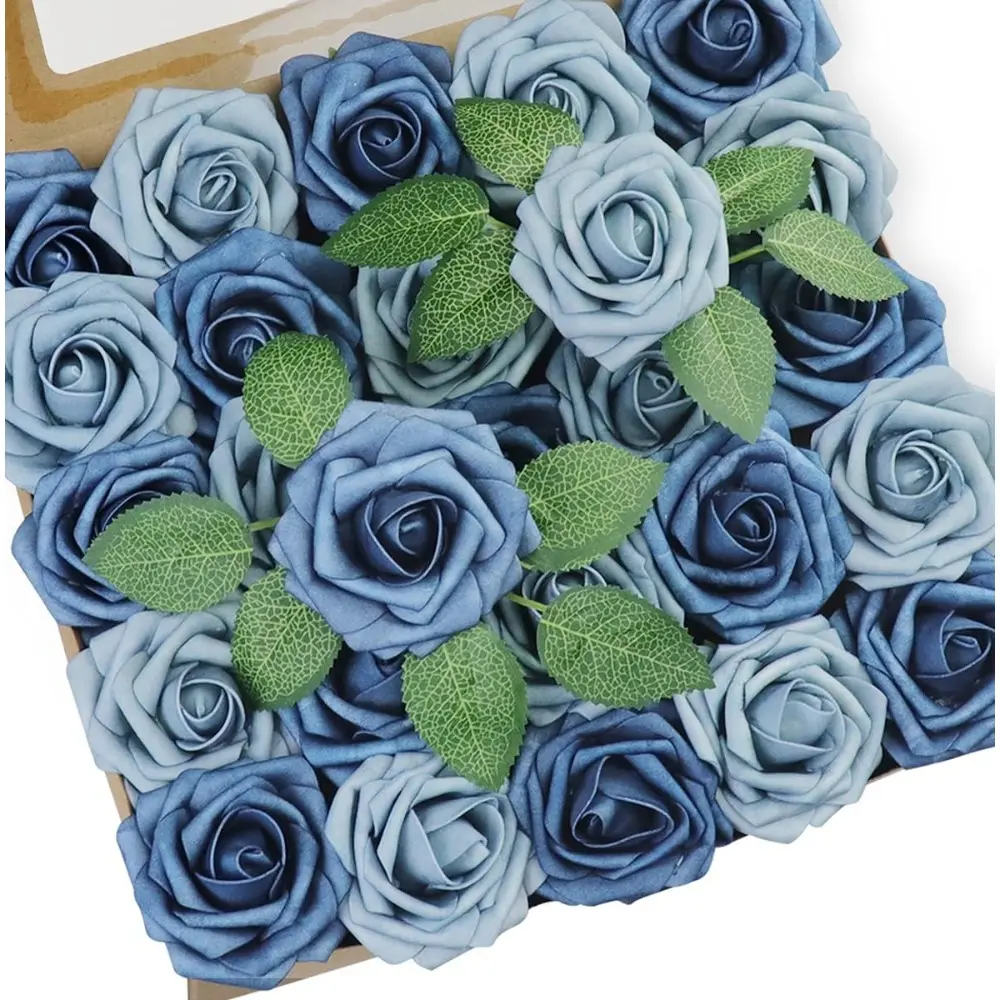 50pcs Dusty Blue Synthetic Foam Flowers, Decorative Ornaments with 8pcs Leaves for Wedding Bouquets, Home Floral Decor