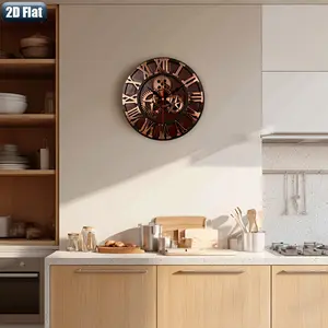 Retro Mechanical Gear Roman Numerals Wall Clock, 1pc, 2D Flat, Silence Decorative Clock, Creative Vintage Wooden Wall Clock, 25/30 cm, Suitable for Bedroom, Living Room, Office, No AA Battery Included