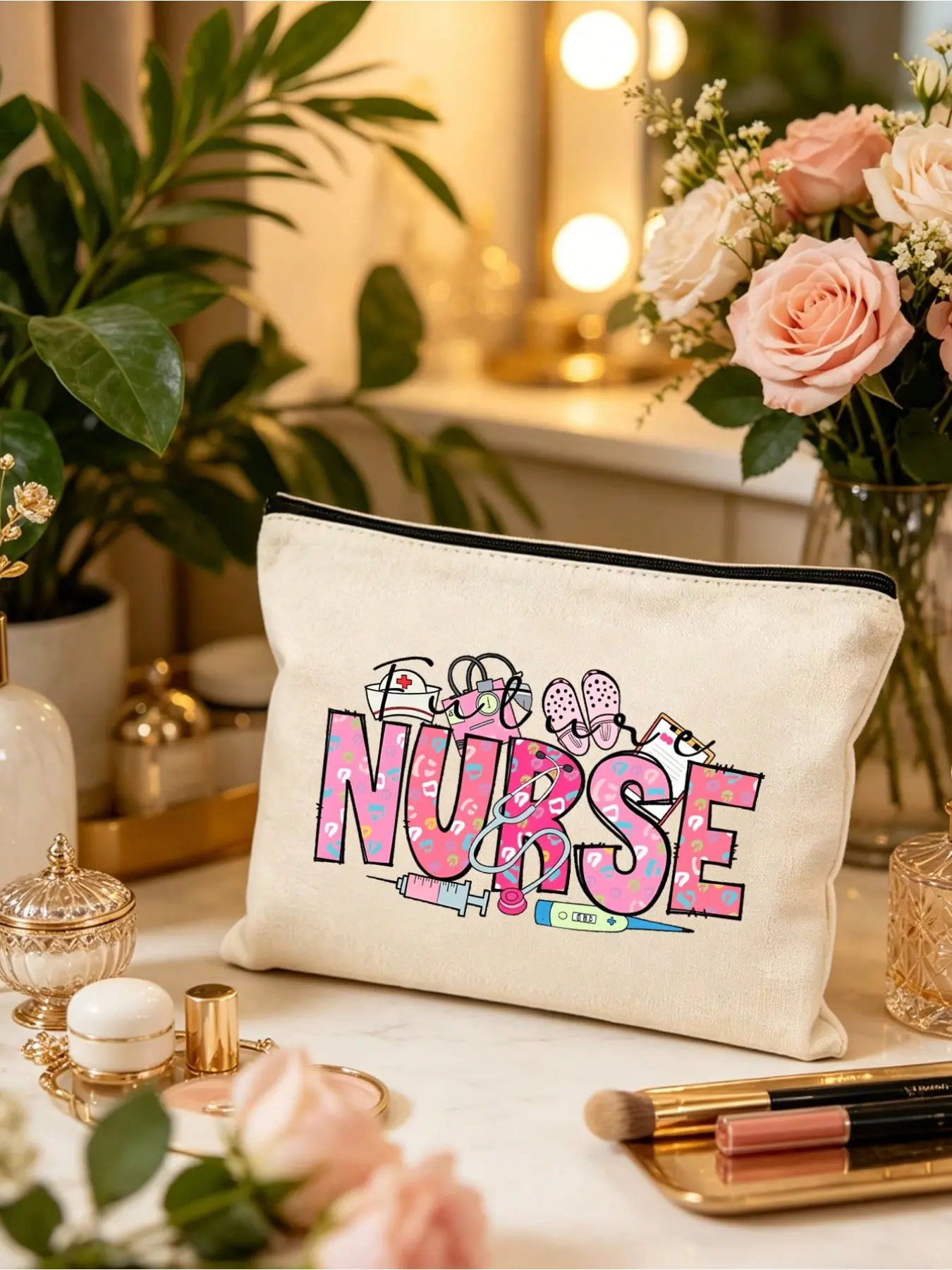 Nurse Themed Zipper Cosmetic Bag, Medical Print Pouch with Nurse Cap Syringe Thermometer Pattern, Travel Toiletry Organizer for Skincare Supplies Medical Gadgets, Gift for Nursing Students Healthcare Workers, Nurse's Day Graduation