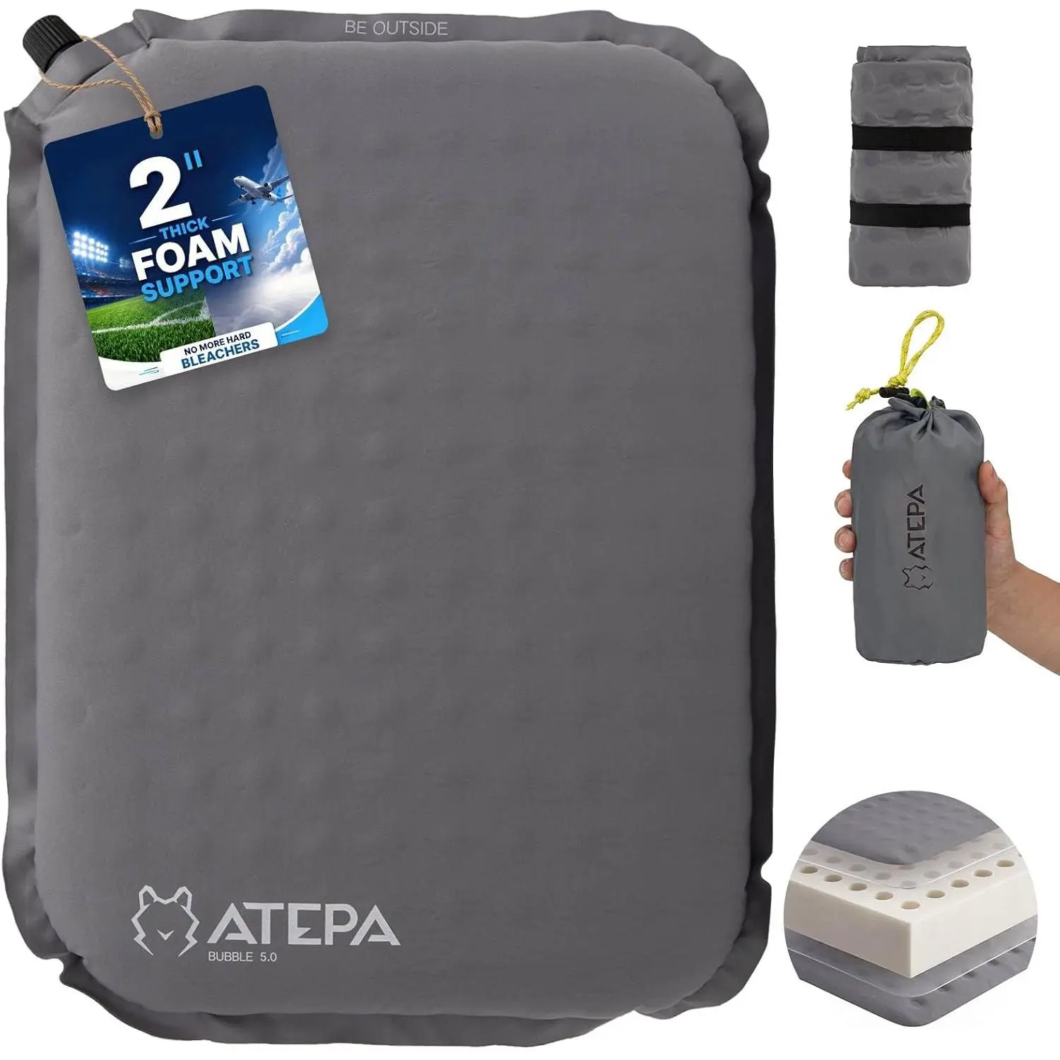 Inflatable Seat Cushion, Compact Self-Inflating Seat Cushion for Stadium Airplane Air Travel Bleacher Camping, Blow Up Foam Seat Pad for Sports Events Backpacking Hiking Sitting