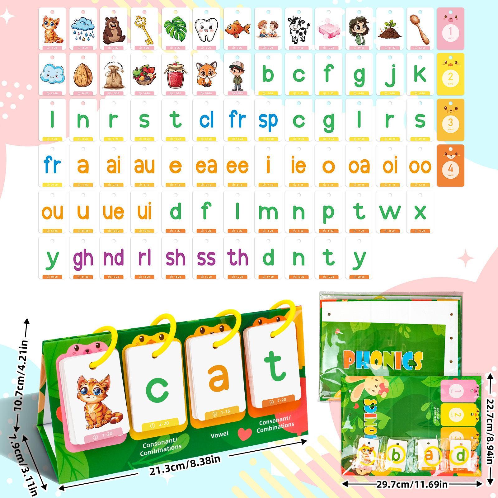 Random Color CVC Word Builder Games Cards, 80 Cards Learn To Read Montessori Word Building Desktop Pocket Chart Flash Cards Kit Flashcards Learning Alphabet