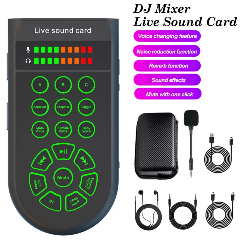 Portable microphone kit, handheld plug-and-play sound card device with voice changer and noise reduction functions, used for podcasts, broadcasting, daily life, singing recording, gaming with family and friends, a great gift choice, suitable for mobile ph