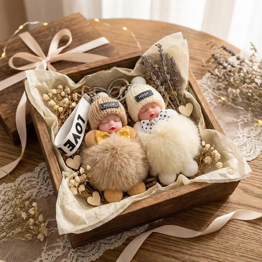 Handmade Plush Pompom Keychain 2-Pack, Cute Small Doll Bag Charms for Women with Knit Hats, Holiday Birthday Gift Set (White & Yellow)