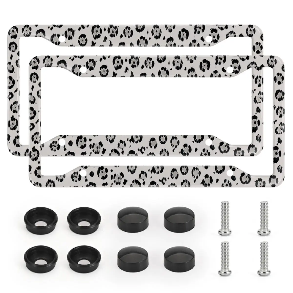 2pcs Black ＆ White Leopard Print Aluminum License Plate Frames, Minimalist Universal Car Tag Holders with Screw Caps, Vehicle Decor Accessories, Stylish Car Gifts for Men/Women, Car Tag Car Accessories for Car/Truck/SUV