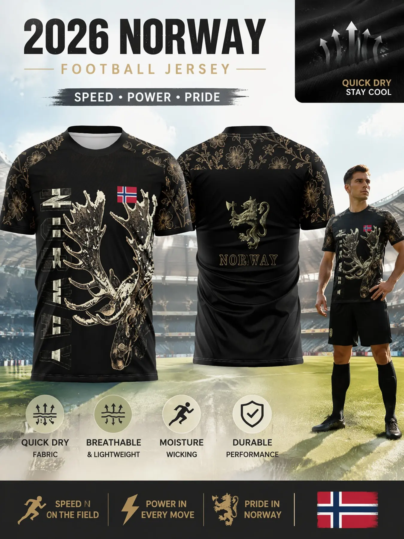 2026 Norway Soccer Jersey, Mesh Gold Reindeer Print, Quick-Dry Breathable Lightweight Sport T-Shirt, Ideal for Fans and Training, Short Sleeve Jersey