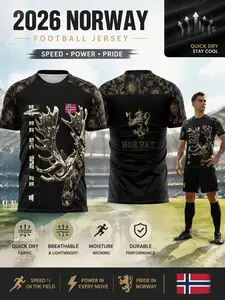 2026 Norway Soccer Jersey, Mesh Gold Reindeer Print, Quick-Dry Breathable Lightweight Sport T-Shirt, Ideal for Fans and Training