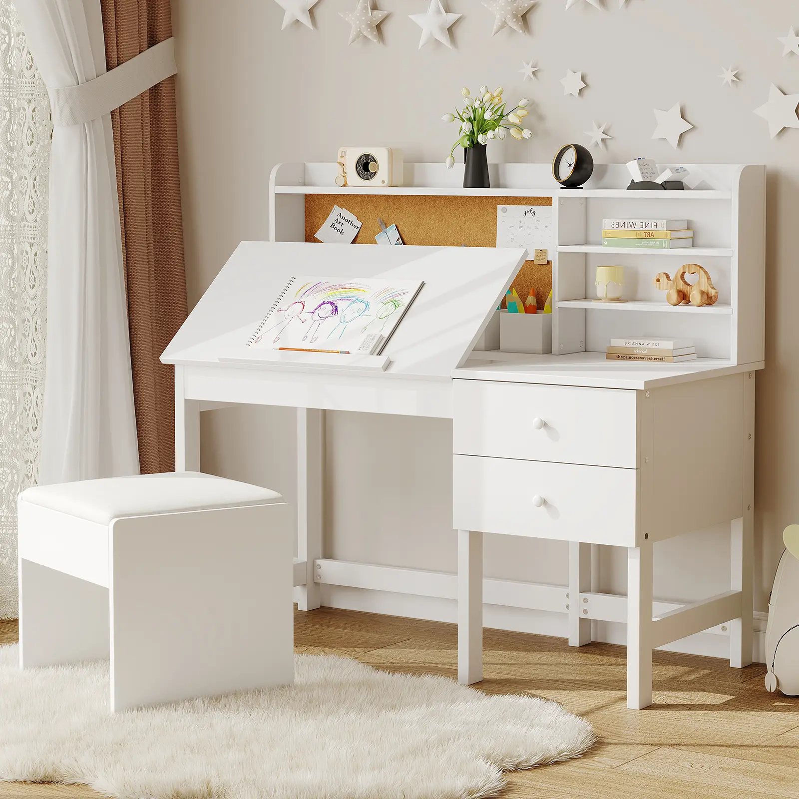Adjustable Height Kids Study Desk and Chair Set - Tiltable Desktop with Hutch, Cork Bulletin Board, Storage Drawer, Padded Ergonomic Stool for Boys & Girls (Indoor Furniture Set)