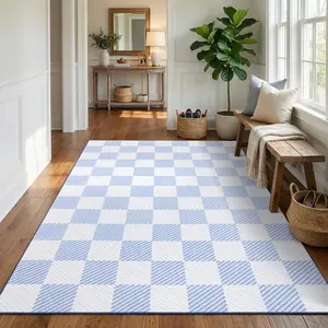 Washable Checkered Rug, Non Slip Area Rug for Living Room, Low Pile Geometric Carpet for Bedroom Dining Room Entryway, Aesthetic Home Decor Floor Mat