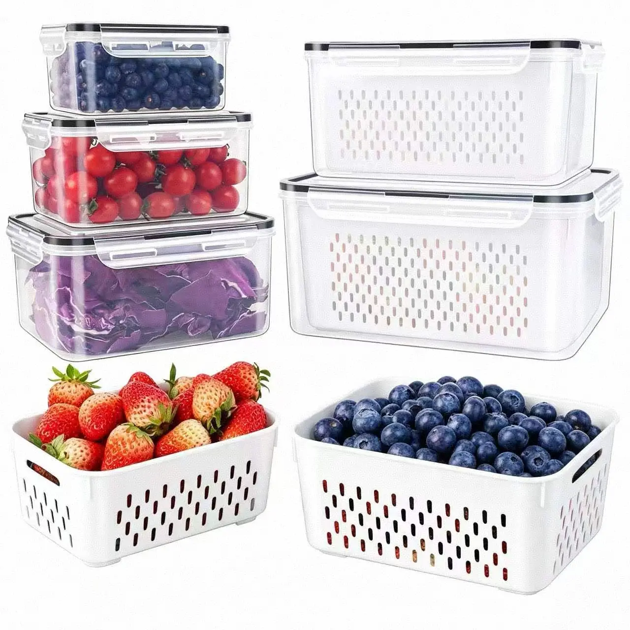 Fridge Organizers and Storage - Stackable Fruit Storage Containers for Fridge with Removable Colander, BPA-Free Food Storage Container for Salad Berry Lettuce Vegetables Meat Keeper Fresh