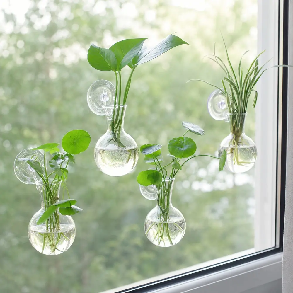 4-Pack Clear Hanging Plant Propagation Vases with Suction Cup Hooks, 10 x 6.5 cm Window Hydroponic Planters