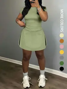 Women's Slim-Fitting Crop Tee & Short Skirt Set, Casual Sporty Design, Perfect for Daily Wear, Fashionable Ladies', Casual Sportswear, Sports Clothing Set, Workout Summer Clothes, Sport Casual Outfit