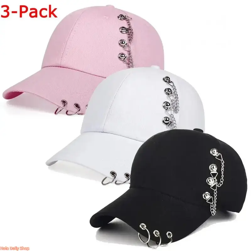 Unisex High Quality 3-Pack Cotton Blend Dad Hats - Adjustable, Grunge Edgy, Fitted Hats with Punk Rock Chain Studs, 3 Metal Rings on Brim, UV Protection, 22.05-23.62 In Casual Wear