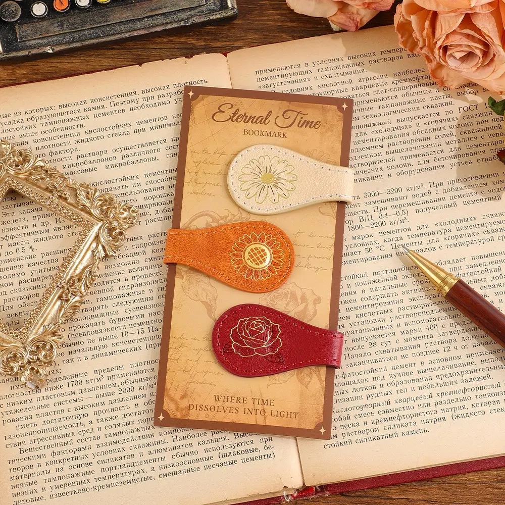 3Pcs Vintage Magnetic PU Leather Bookmarks, Book Markers, Gold Foil Page Clips, Waterproof Faux Leather Office Stationery Gifts for Adult Readers