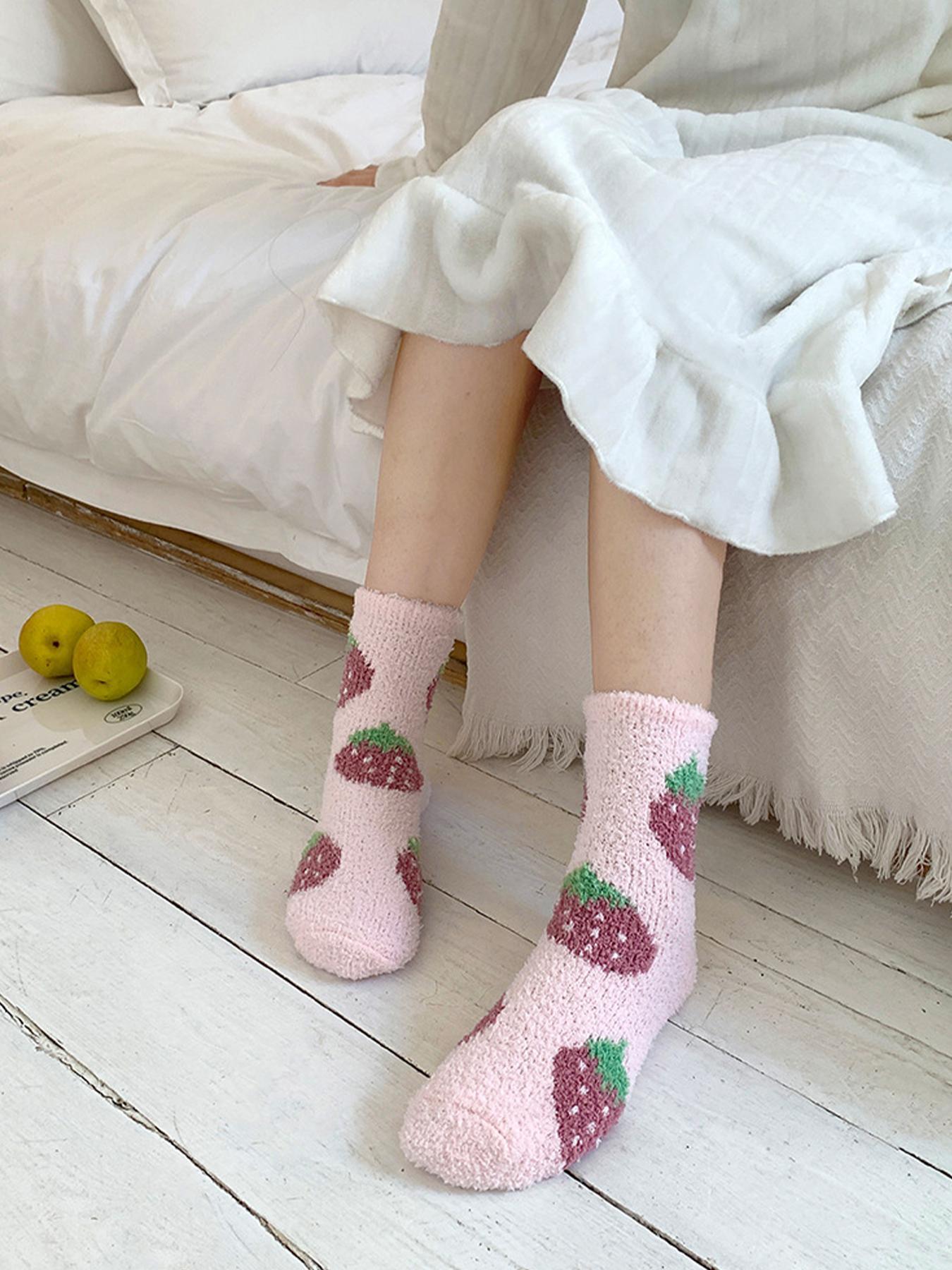 Women's Fruit Print Coral Fleece Crew Socks, Casual Soft Comfy Cute Thermal Socks for Fall & Winter, Women's Socks for Daily Wear